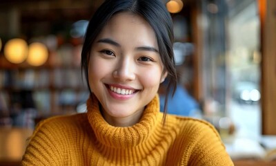 Sticker - Smiling Woman in Cozy Sweater at Trendy Cafe