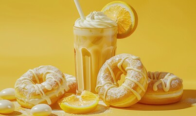 Wall Mural - An image of lemon-glazed donuts on a light yellow background