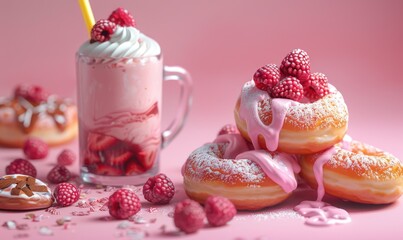 Wall Mural - Raspberry-filled donuts on a pastel pink background