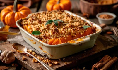 Wall Mural - A pumpkin crumble with a crunchy topping in a baking dish