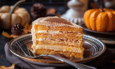 Wall Mural - A pumpkin mousse cake with layers of pumpkin mousse and sponge cake