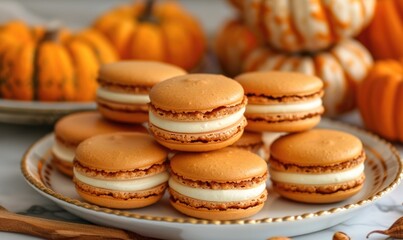 Wall Mural - A pumpkin whoopie pies with a cream cheese filling on a rustic wooden board