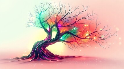 Wall Mural -   A tree painted with vibrant lights on its branches, shaped like a heart