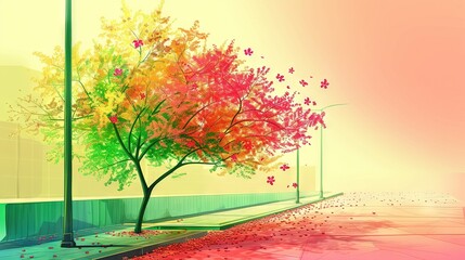 Poster -  A vibrant tree beside a road, illuminated by a street light, against a backdrop of a building