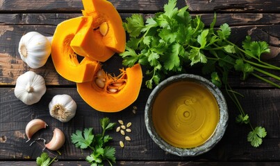 Poster - A top-down view of a kitchen prep area with fresh cilantro