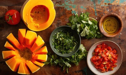 Poster - A top-down view of a kitchen prep area with fresh cilantro