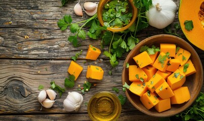 Wall Mural - A top-down view of a rustic wooden table with fresh cilantro, diced pumpkin pieces, garlic cloves