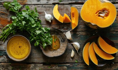 Poster - A top-down view of a rustic wooden table with fresh cilantro, diced pumpkin pieces, garlic cloves