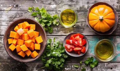 Sticker - A top-down view of a rustic wooden table with fresh cilantro, diced pumpkin pieces, garlic cloves