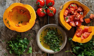 Wall Mural - A top-down view of a rustic wooden table with fresh cilantro, halved pumpkin