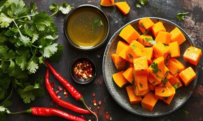 Poster - A top-down view of a rustic wooden table with fresh cilantro, halved pumpkin