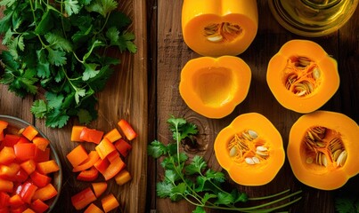 Wall Mural - A top-down view of a rustic wooden table with fresh cilantro, halved pumpkin