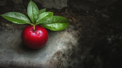 Wall Mural - A red apple with green leaves resting on a textured stone surface, illuminated by soft light