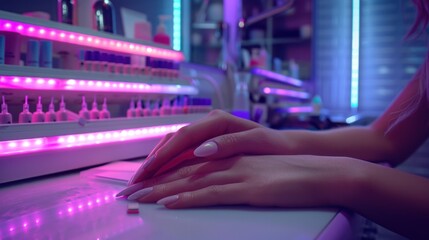 Elegant hands of a girl with long nails and pink polish, close-up on a blurred background, demonstrating beauty and femininity.