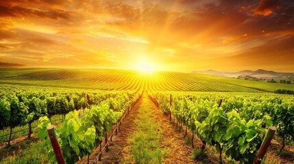 Wall Mural -   A vineyard with green vines is visible as the sun sets over it and a field of crops in the background