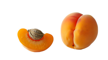 A whole apricot with a single slice placed on the table for advertisement.