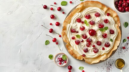 Sticker -   A pie topped with whipped cream and cherries, accompanied by a bowl of cranberries and a cup of tea