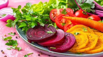 Sticker -   Sliced beets, carrots, parsley, and cilantro on pink surface