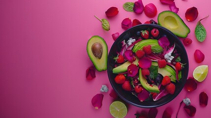 Wall Mural -  avocado, strawberries, raspberries, limes on pink background