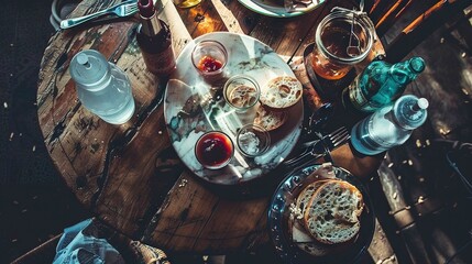 Sticker -   A wooden table, topped with a plate of food, beside a bottle of wine, and a glass of wine on the tabletop