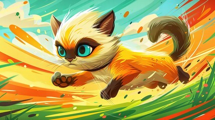 Poster -   A blue-eyed cat runs through an orange and yellow-spotted field of green grass in a painting