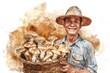 © Jafree - Watercolor illustration of a smiling Asian man with a basket of mushrooms. Concept of farmer, mushroom harvest, agriculture, and rural lifestyle