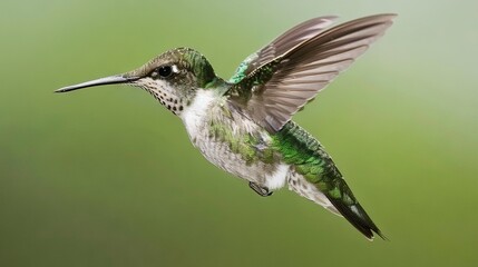 Canvas Print -   Hummingbird flying with spread wings and beak to the side