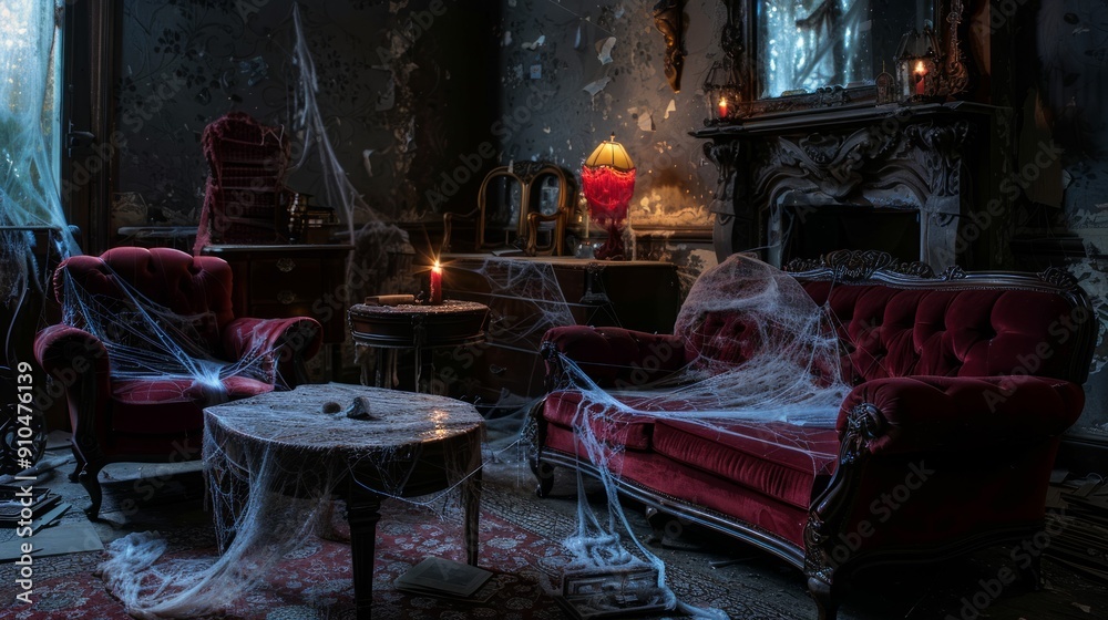 Dark eerie antique living room at night with luxurious velvet furniture ...