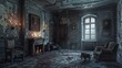 © Jafree - Dark and eerie abandoned room in ancient building with peeling wallpaper and vintage furniture. Concept of decay, haunted house, rustic interior, dilapidated living space, antiquated design, Halloween
