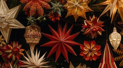 Poster -   A zoomed-in image of various paper star decorations dangling from the ceiling with light illumination in the background