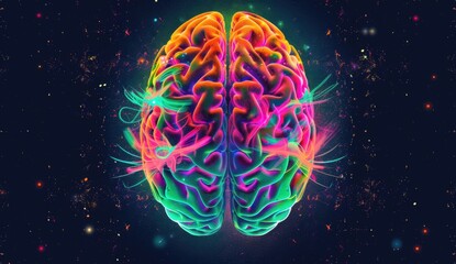 Poster - This colorful digital art depicts a brain in bright colors on a black background in the style of a glowing geometric shapes with a highly detailed and intricate design Generative AI