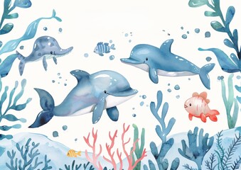 This watercolor set includes whales, sea turtles, crabs, stingrays, seastars, corals, algae, and other underwater creatures.