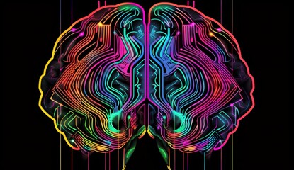 Poster - This colorful digital art depicts a brain in bright colors on a black background in the style of a glowing geometric shapes with a highly detailed and intricate design Generative AI