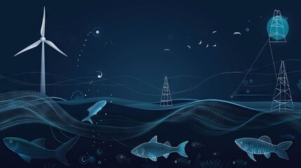 Poster -   Fish swimming, turbine, lighthouse, blue background