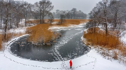 Poster -   A person in a red coat stands in a snowfield by the river and nearby woods, surrounded by tall trees