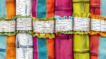 Wall Mural -   A close-up of multicolored wall with ribbons at the bottom of each roll of material