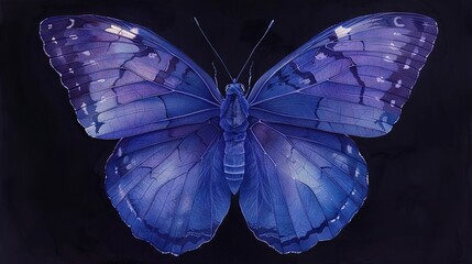 Poster -  A blue butterfly painted on a black canvas with water droplets on its wings and back