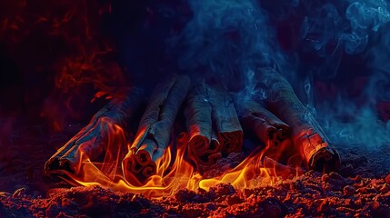 Canvas Print -   A stack of burning logs on top of a pile of red and blue flames alongside a cloud of smoke