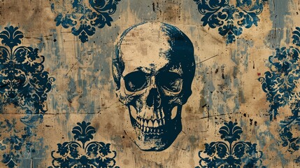 Wall Mural - Aged damask pattern with skulls for unique horror-inspired wall decor