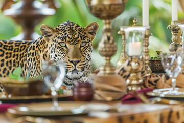 A leopard with yellow and black spots is looking at a table set with gold decor, creating a luxurious and exotic atmosphere for a safari themed event. 
