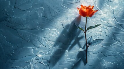 Poster -   An orange flower sits atop a blue background, casting a leaf's shadow beneath it