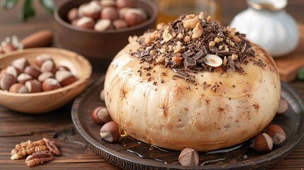 Wall Mural -   Close-up photo of a cake on plate on table with nuts in bowl behind