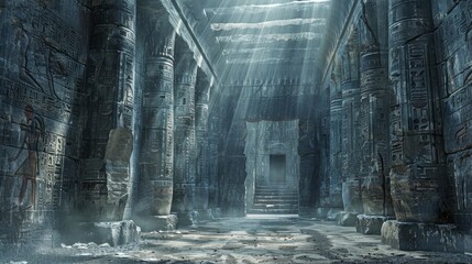 Ancient ruins featuring hieroglyphs, cuneiform, and runic symbols beneath dim light