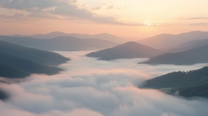 Poster -   A picture of mountains with clouds below and a sunset behind