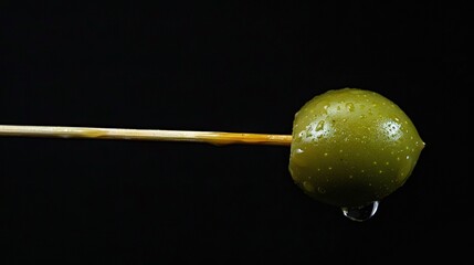 Sticker -    a green apple with a wooden stick protruding from its side against a dark backdrop