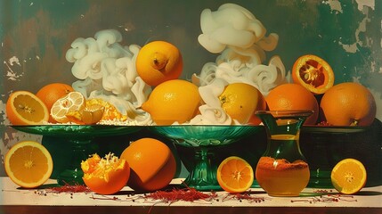 Poster -   A painting of oranges in a green bowl and a green vase on a table with other oranges surrounding it