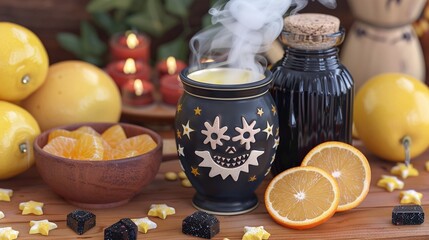 Poster -   A candle rests on a table beside some oranges and a skull-topped bowl