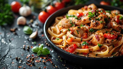 Wall Mural -   A bowl of pasta with chicken, tomatoes, and parsley on a black surface