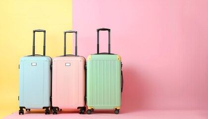 Wall Mural - Stylish suitcases on color background. Space for text