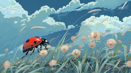 Canvas Print -   A ladybug perched atop dandelions against a cloudy canvas